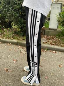 adidas originals女款三條紋拼接琴扣側開排扣直筒寬腳側排扣褲 - 黑色/白色 - 查看 7