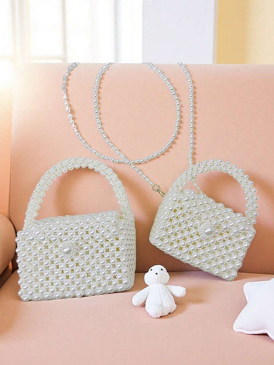 1pc Beaded Handbag, Fashion Pearl Small Shoulder Bag, Spring/Summer - White - View 1