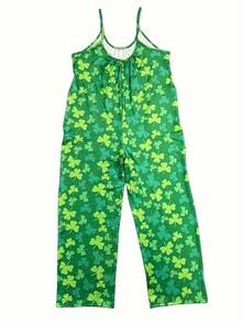 St. Patrick's Day Festive Green Clover Print Wide-Leg Jumpsuit With Pockets - Casual Sleeveless Polyester Romper, Machine Washable, For Women - 混合顏色 - 查看 3