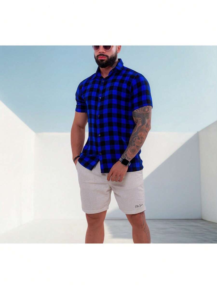 Men's Short-Sleeved Plaid Shirt For June Festivals, Viscose Linen - 藍色 - 查看 1