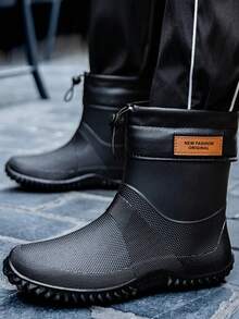 Fesd Ts Fashion Men's Drawstring Rain Boots Short Tube Couples Warm Lined Adult Rain Boots Non-Slip Durable Rubber Shoes For Kitchen Work Outdoor Car Washing Camping Fishing Waterproof Shoes Letter Beach Sports Outdoor TPR (Thermoplastic Rubber Material) Rain Boots Work Shoes Holiday Outdoor Autumn/Winter - Black - View 8