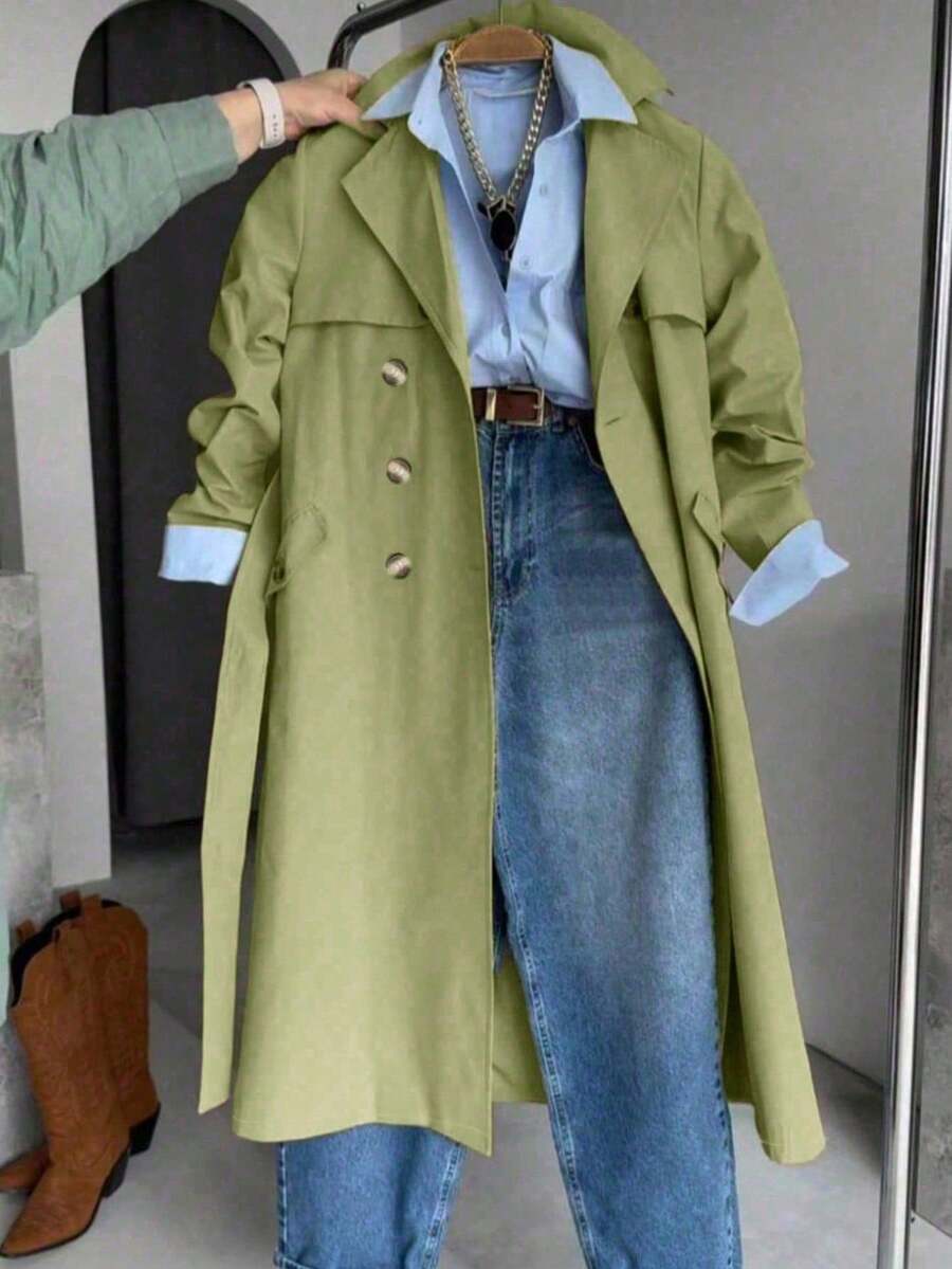 Women's Solid Color Long Sleeve Single-Breasted Casual Trench Coat, Suitable For Autumn/Winter Daily Wear - Green - View 1