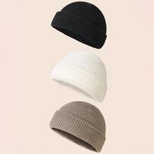 3pcs/Set Men's Fashionable Solid Color Beanie Hats, Knitted Warm Casual Hats Suitable For Autumn/Winter