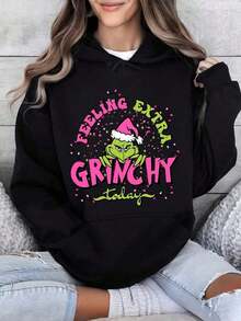 Winter Clothes For WomenChristmas Holiday Hoodie With Feeling Extra Grinchy Today Print - Festive Green Character Design, Perfect For Christmas Seaso - 黑色 - 查看 12