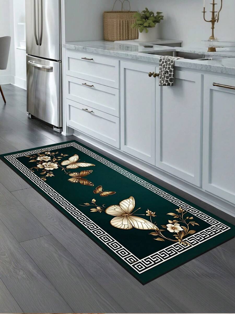 1 pieza Alfombra de cocina con patrón de mariposa y floral dorado, alfombra de lujo moderna absorbente y antideslizante para la cocina, alfombra de pasillo, decoración de cocina pequeña, alfombra para fiestas y reuniones en el hogar, felpudo de entrada interior, alfombra de cocina gruesa y cómoda sin olor, alfombra decorativa antideslizante para la cocina - Multicolor - Ver 1