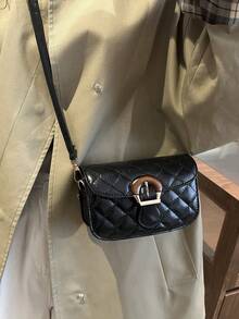 1pc Black PU Elegant Minimalist Diamond Quilted Sophisticated Hardware Flap Crossbody Saddle Bag, Suitable For Women's Work, Daily Life, Commuting, Social Gatherings, Business, Shopping, Fits Phone, Wallet, Lipstick, Keys, Tissue, Pouch, Fashionable Accessory - Black - View 5