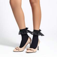 1 Pair Women's Sexy White Velvet 100D Lace Trim Short Socks With Bow Accent, Black & Red - Black - View 5