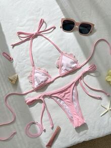 2026夏季海滩度假女士豹纹细肩带系带性感比基尼套装 粉色 - 粉色 - 查看 3