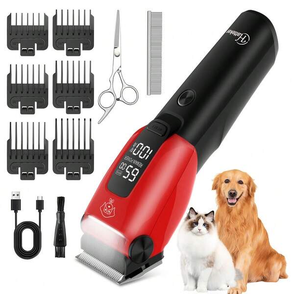 Hatteker Geräuscharmer LED-Tierhaartrimmer, leistungsstarker elektrischer Hundehaartrimmer, Haustierhaartrimmer für Hunde und Katzen