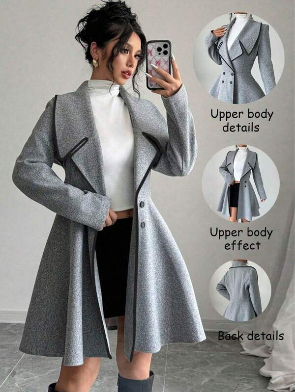 Contrast Color Elegant Coat, Woven Fabric With Contrast Color Trim And Buttons, Suitable For Office Wear