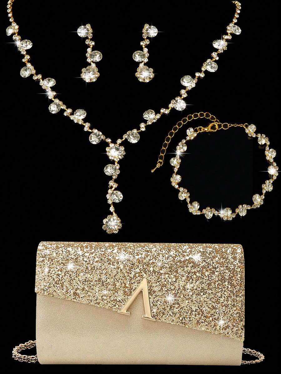 4件套女士水钻耳环、项链、手链及吊坠首饰套装，搭配优雅V形金属装饰手拿包，适合女士舞会、婚礼及派对等场合，可用作单肩包、钱包、手提包、婚包、晚宴包，多功能鸡尾酒会、婚礼新款钱包、宴会包 - 金色 - 查看 1