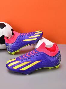1 paire de chaussures de sport professionnelles unisexes basses pour l'extérieur, en herbe naturelle, avec lacets avant en PU, crampons longs AG/FG, pour jeunes, campus, football américain - Prune - Voir 3
