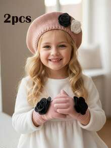 Set de 2 piezas de gorro de boina y guantes de punto con decoración de flor y lazo para niñas bebés, estilo vintage de palacio, para otoño/invierno - 2 piezas - Ver 14
