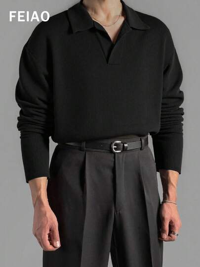 男士复古绅士风 Polo 领纯色长袖衬衫，百搭休闲，适合所有季节，秋季必备