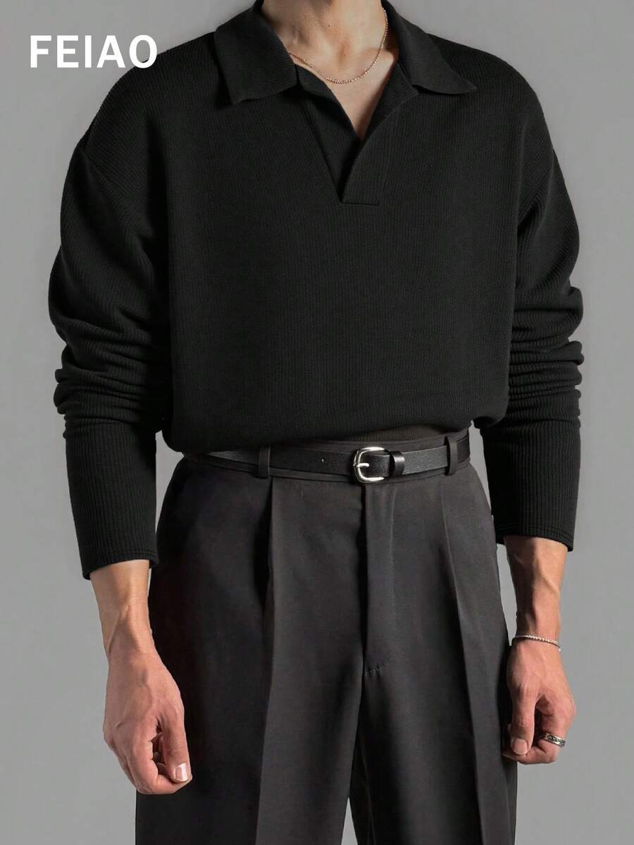 男士复古绅士风 Polo 领纯色长袖衬衫，百搭休闲，适合所有季节，秋季必备 - 黑色 - 查看 1