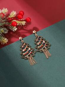 1Pair Festive Golden Metal Christmas Tree Dangle Earrings With Multi-Color Rhinestone Tassels, Women's Holiday Party Jewelry - Colorful - View 1