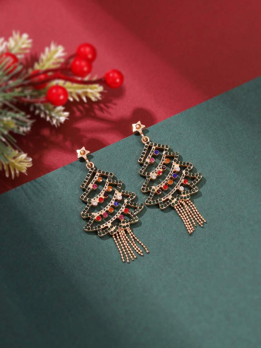 1Pair Festive Golden Metal Christmas Tree Dangle Earrings With Multi-Color Rhinestone Tassels, Women's Holiday Party Jewelry - Colorful - View 1
