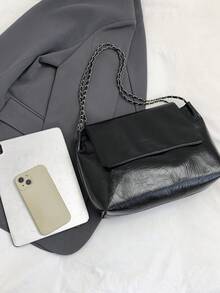 1 Peça Bolsa Tote Preta de Inverno, Nova Moda, Simples, Grande Capacidade, Cor Sólida em PU, Bolsa Transversal de Ombro com Corrente para Mulheres - Preto - Visão 3