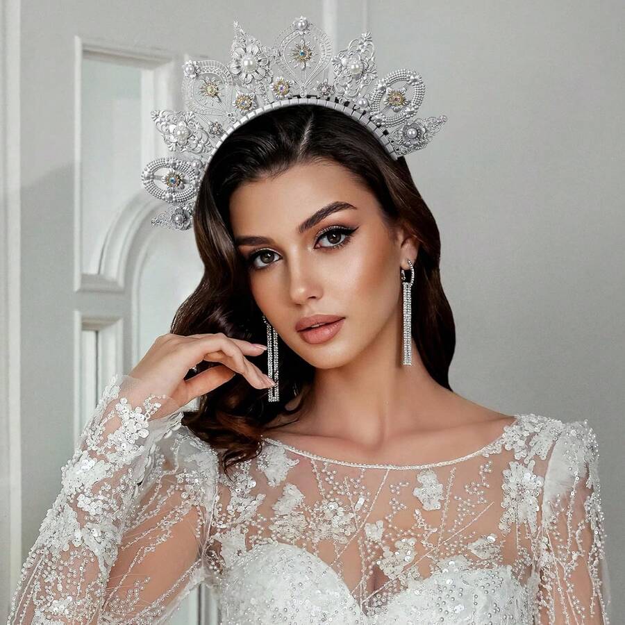 Couronne vintage faite à la main, auréole, accessoire de coiffure pour mariage, cosplay, déesse du soleil, perle, accessoire de fête, bandeau pour femme, accessoire photo de mariée - Argent - Voir 1