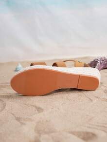 女士时尚草编透气休闲度假坡跟凉鞋 - 摩卡棕 - 查看 3