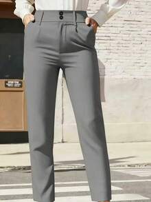 High Waist Double Button Design Slim Fit Pants Spring - Grey - View 3