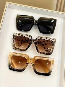 1pc Retro Square Oversized Leopard Print Boho Style Plastic Glasses Sets, Classic Fashion Decoration For Outdoor Travel Beach - 黃色 - 查看 4