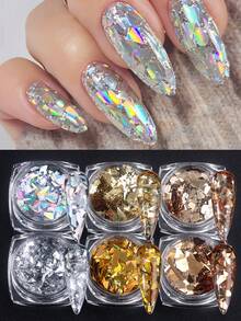 6 Boxes Asymmetrical Laser Metallic Sequins Nail Art Decorations, Gold, Silver, Champagne Metallic Nail Polish, DIY Nail Art Accessories, Nail Salon Supplies, Suitable For Women And Girls