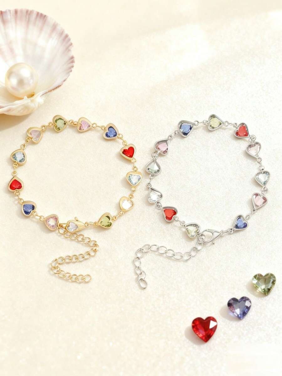 2PCS Colorful Heart Cubic Zirconia Bracelet For Women Creative Dainty Friendship Bracelets Adjustable Chain Love Gifts For Her Valentine's Day Jewelry - 彩色 - 查看 1