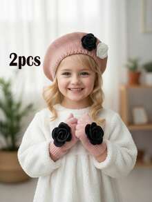 Set de 2 piezas de gorro de boina y guantes de punto con decoración de flor y lazo para niñas bebés, estilo vintage de palacio, para otoño/invierno - 2 piezas - Ver 11