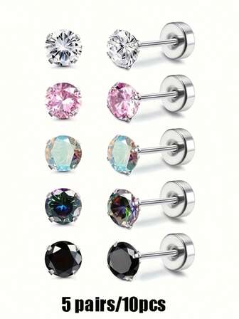 5 pares de pendientes de acero inoxidable con circonita de colores, adecuados para hombres y mujeres, con diseño de 4 garras, circonita sintética hipoalergénica, pendientes de acero inoxidable de espalda plana - pendientes espirales para perforación de cartílago de baja alergia