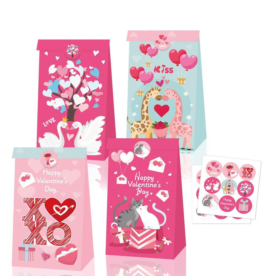 4pcs/Set Valentine's Day Gift Bags, Valentine's Day XO Swan Giraffe Kitty Heart Design Gift Bags, Suitable For Classroom Crafts, Party Favors - Multicolor - View 1