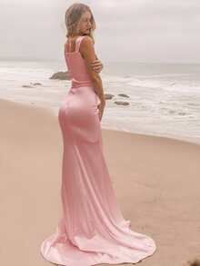 Basrey Đầm phù dâu đuôi cá không tay màu trơn thanh lịch, màu hồng nhạt, thích hợp cho đám cưới mùa xuân. - Hồng - Xem 5