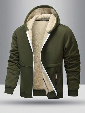 Teen Boy Winter Versatile Minimalist Ribbed Cuff & Hem Design Zipper Pocket Thermal Lined Hooded Sweatshirt Jacket