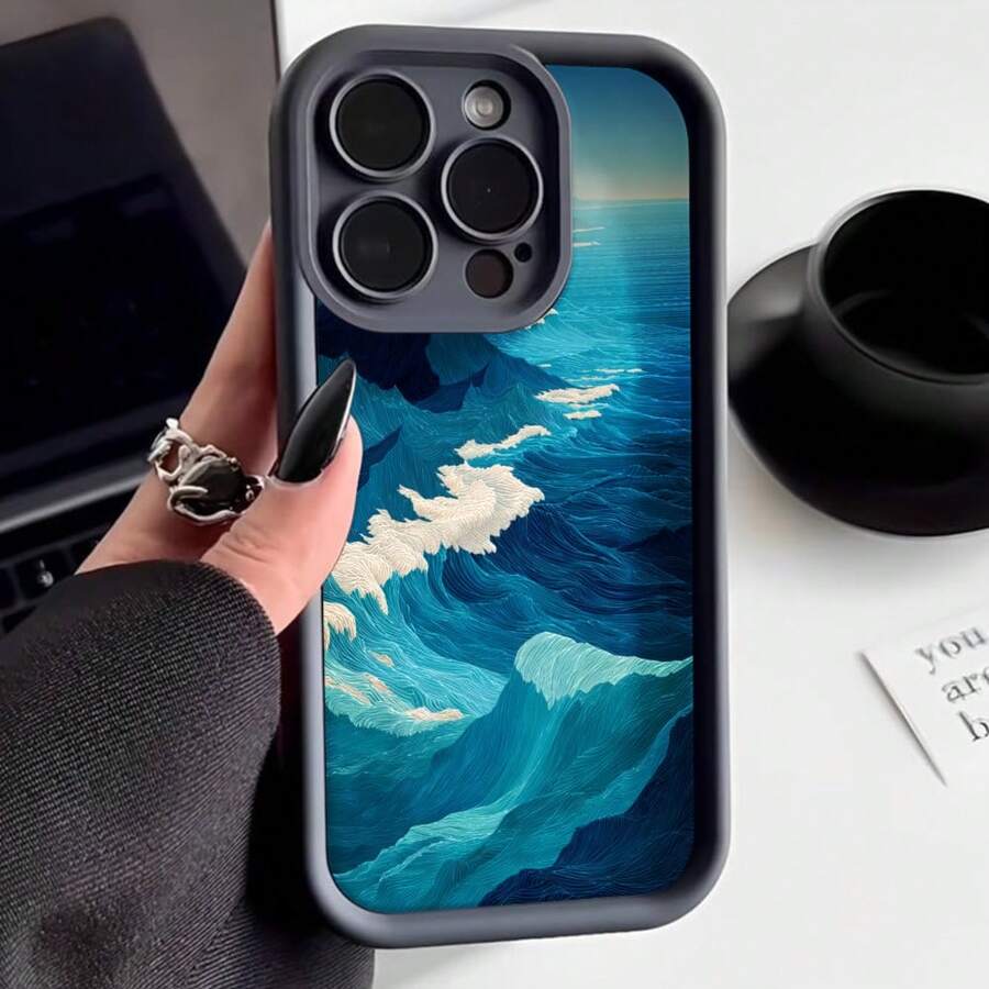 Cubierta de teléfono con diseño de olas del océano azul profundo para iPhone 14 Pro Max resistente al agua y a golpes ideal para uso diario y viajes - Blanco - Ver 1