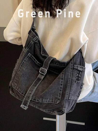 1 件休闲复古深灰色超大多口袋帆布单肩包，时尚男女斜挎包，带拉链开合、皮带扣和缝线