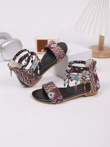 1 Pair Bohemian Embroidered Beaded Strap Travel Roman Sandals - Black - View 4