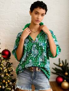Christmas Hottest! Casual Shirt With Green Tiger Print, Ruffled Collar & Half Sleeves - 綠色 - 查看 2