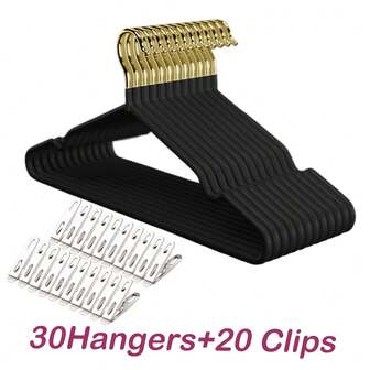 50/30Pcs/Set Complete Storage Metal Hanger Set: 20 Clip Hangers & 30/10 Non-Slip Hangers, Heavy-Duty Windproof Design For Comprehensive Wardrobe Organization - Handles Pants, Skirts, Scarves, Socks And Diverse Clothing, Ideal Valentine's Day Gift