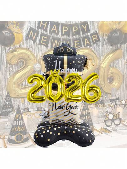 2pcs/Set 58-Inch New Year Base Gift Box Black & Gold 2026 New Year Integrated Crown Foil Balloon Set