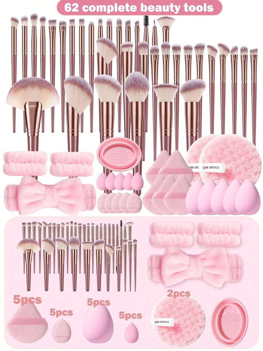 Ultimate 62PC Pro Makeup Master Kit: 36 HD Brushes + 5D Sponge Tech System (15 Sponges/Puffs) Makeup Brush Cleaning Station & Travel Essentials - Pink - View 1