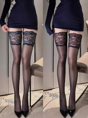 1 Pair Sexy Lace Trim Sheer Thigh High Stockings, Lightweight Summer