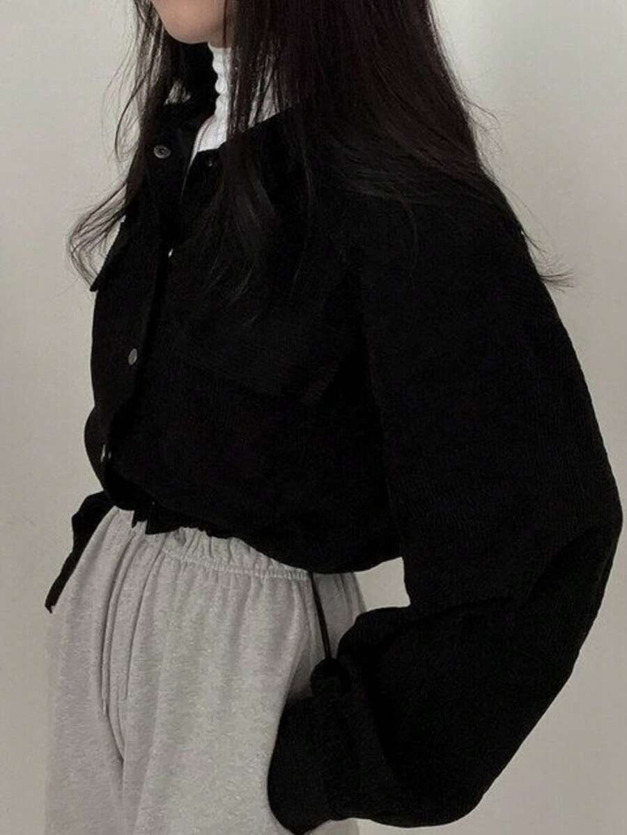 女士黑色短款外套，复古休闲工装风上衣，抽绳可调节下摆，适合春秋季穿着 - 黑色 - 查看 1