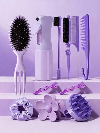 11pcs Hair Styling Tools Set, Curl Defining Brush, Spray Bottle, Wide Tooth Comb With Hook, Shampoo And Massage Comb, Teasing Hair Brush, Rat Tail Comb, Edge Brush, Flower Hair Clip, No Matter What Kind Of Hair Style You Are, There Is Always One For You, Works Great On Wet, Dry, Long, Short, Thick, Curly, And Detangler Hair, It Is The Perfect Gift Sets For Mother, Sisters, Female Friend(Purple,Pink) ,Hair Styling Kit