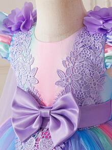 Princess Dress For Girls, New European And American Style, Lace Cap Sleeve Dress, Handmade 3D Floral, Sweet Lilac Color, Tulle Skirt, Baby's 1st Birthday, Party, Performance, Special Occasion, Children's Day Costume, Rainbow Gradient Bowknot Dress - Lilac Purple - View 7
