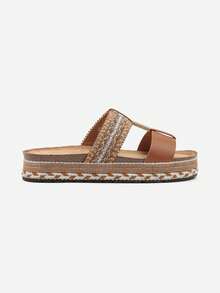 Boho Woven Platform Sandals Women Summer Beach Casual Comfortable Soft Flat Shoes - Camel - View 3