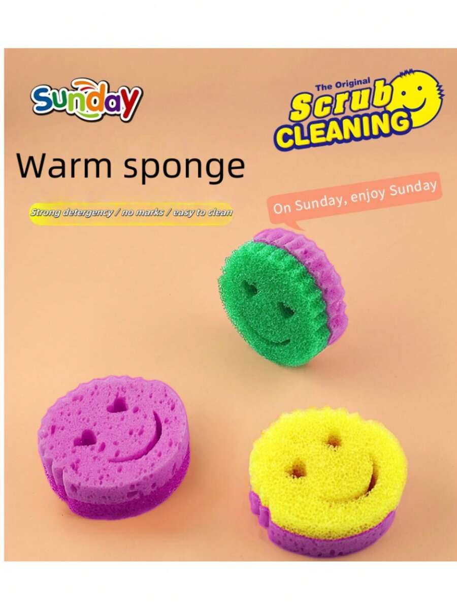 3pcs Smiling Face Multi-Functional 2-Layer Temperature Sensitive Scrub Sponge, Effective Cleaning, Double-Sided Kitchen Sponge - Temperature Sensitive, Scratch-Resistant Cleaning Pad, Suitable For Tableware And Modern Kitchen Sinks