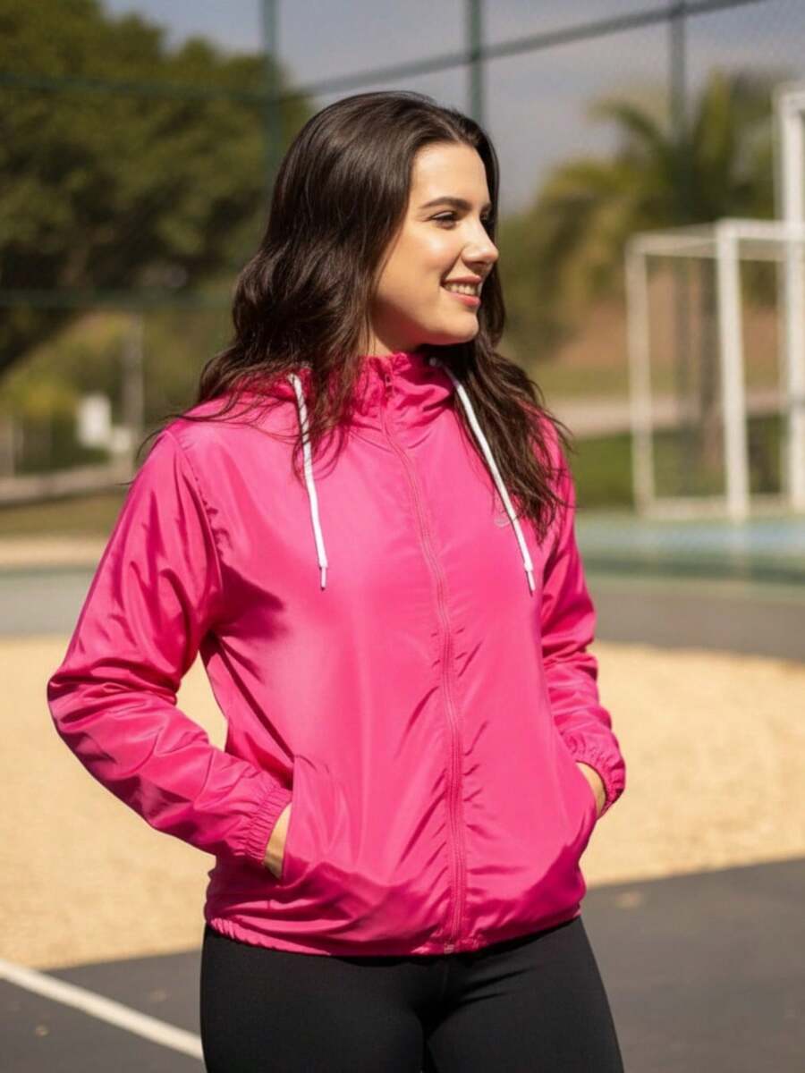 Women's Windbreaker Jacket Without Lining In Memory Fabric With Water-Repellent Hood - Pink - View 1