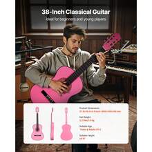 Classical Guitar, 38 Inch, Wood Classical Guitar Starter Kit For Beginners, With Nylon Strings, Gig Bag, Strap, Tuner, Extra Strings, Picks, Capo, Basswood, For Teenagers Adults Students, Pink - 38-inch Pink - 查看 6