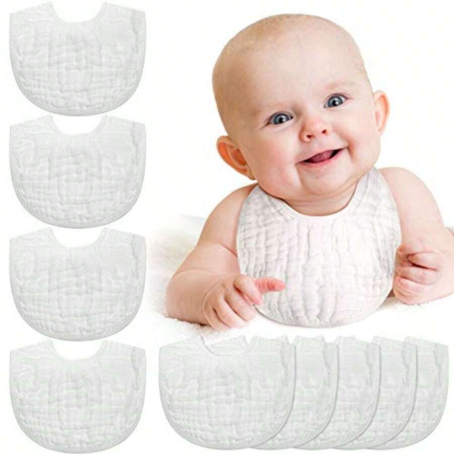 10 Pcs White Muslin Baby Bibs For Baby Boy Girl Cotton Drool Bibs Bulk Burping Cloth Adjustable Newborn Infant Bandana,Bibs,Baby Bibs,Newborn Bibs(White) - 白色 - 查看 1