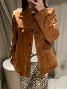 女式绒面革长袖单排扣休闲夹克 - 棕色 - 查看 1